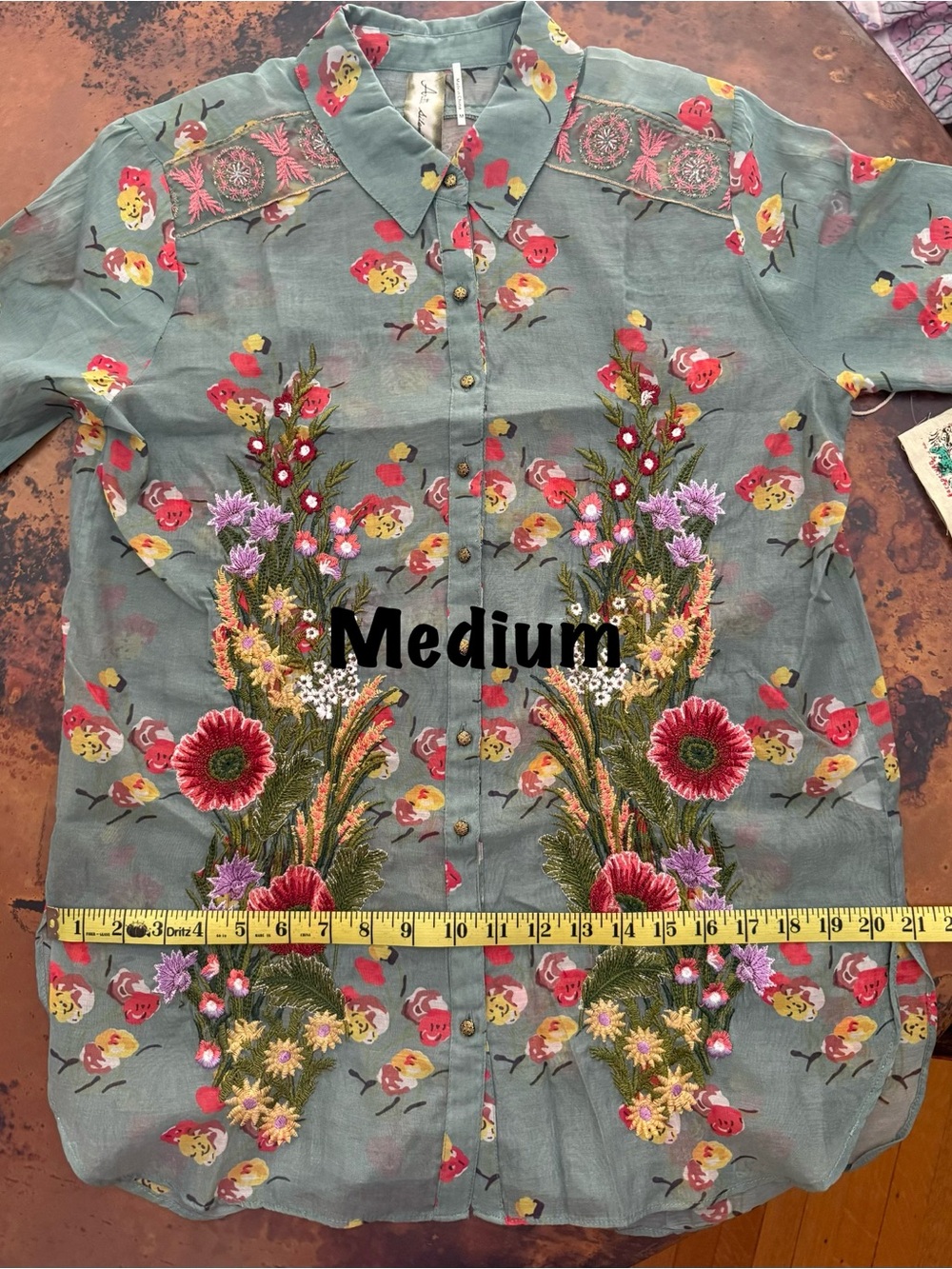 Aratta Mia Grace Floral Embroidered Olive Fall Blouse NWT #cottagecore - Picture 9 of 13